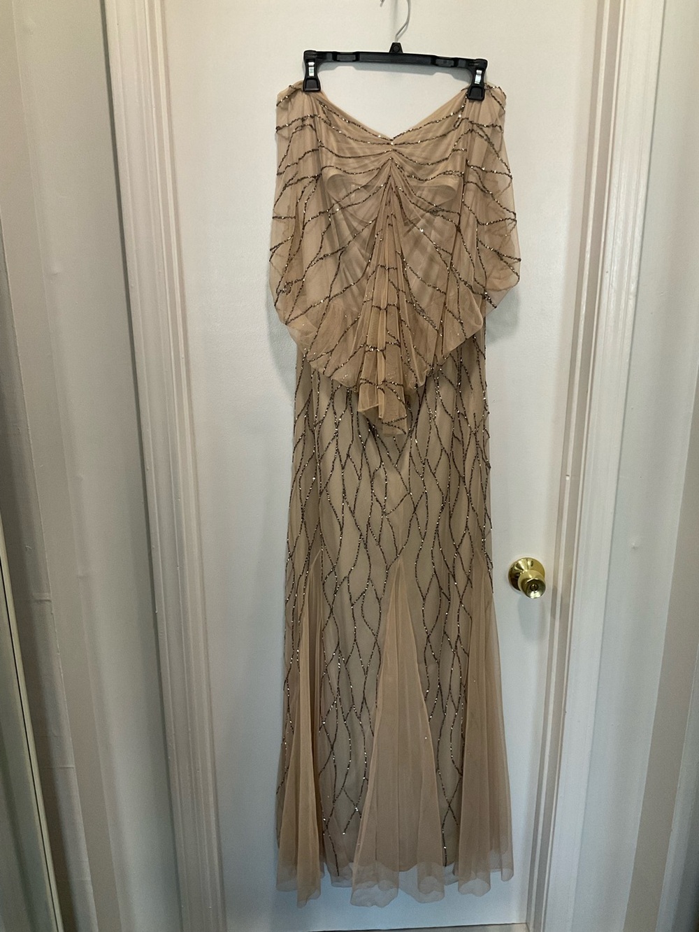 Adrianna Papell Champagne Beaded Draped Maxi Dress